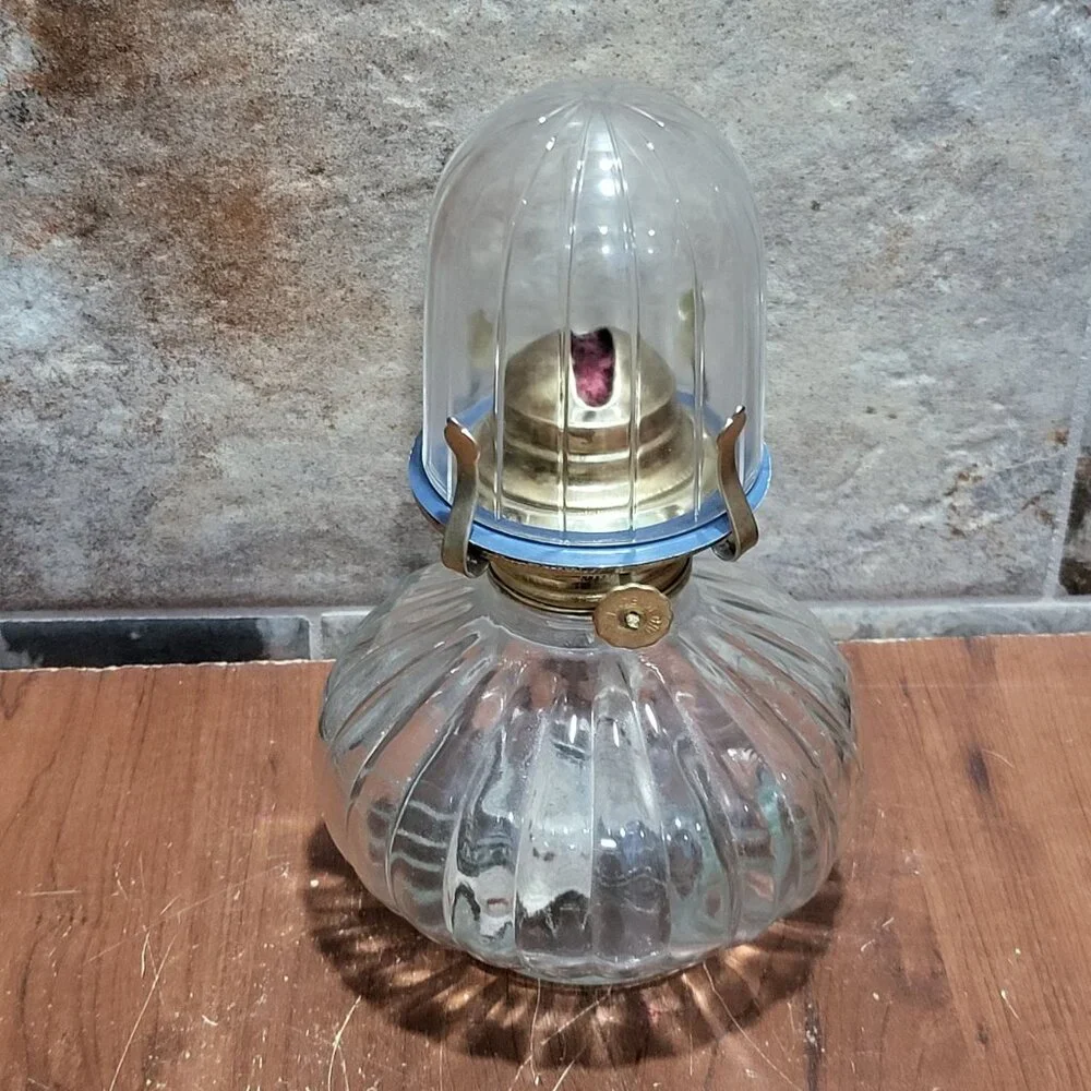 Vintage Golden Globe Clear Glass Kerosene Oil Lamp Ribbed Base